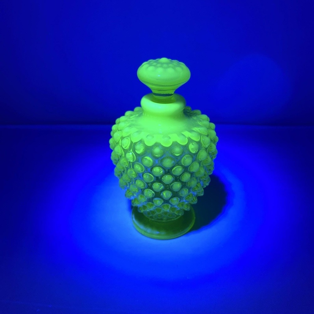 Vintage Topaz Uranium Vaseline Fenton Hobnail Glass Perfume Bottle